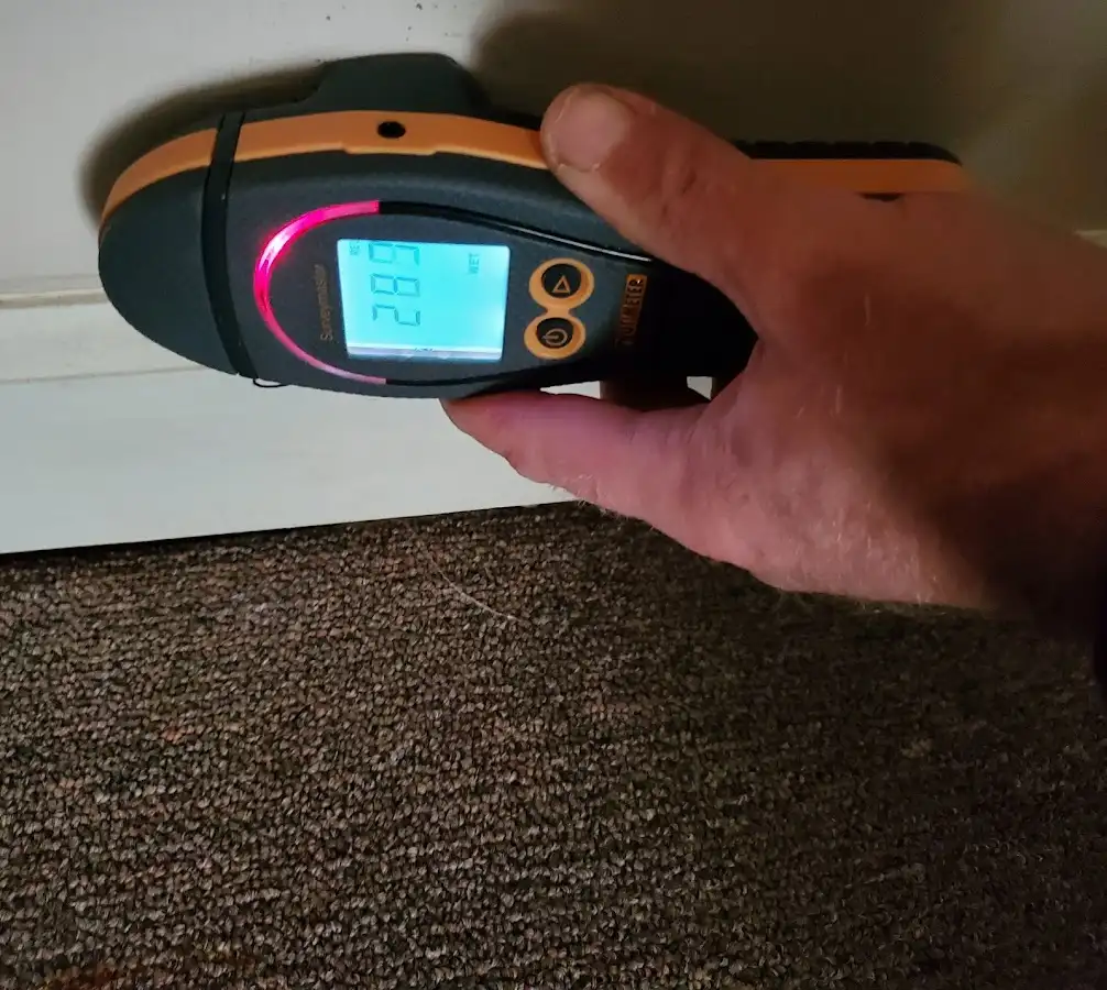 Moisture detection at baseboard during Storm Damage Restoration in Argyle